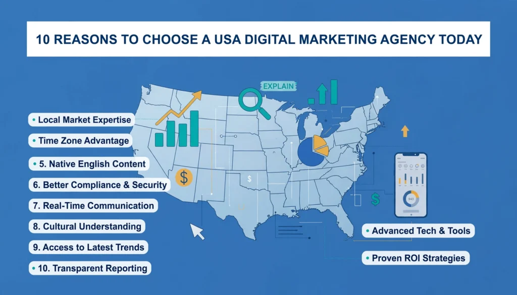 A solid blue background with a USA map infographic titled "10 REASONS TO CHOOSE A USA DIGITAL MARKETING AGENCY TODAY". Marketing icons like bar chart, magnifying glass, pie chart, and mobile analytics surround the map. "EXPLAIN" label is visible. 10 bullet points cover Local Market Expertise, Time Zone Advantage, Native English Content, Better Compliance & Security, Real-Time Communication, Cultural Understanding, Access to Latest Trends, Advanced Tech & Tools, Proven ROI Strategies, and Transparent Reporting.