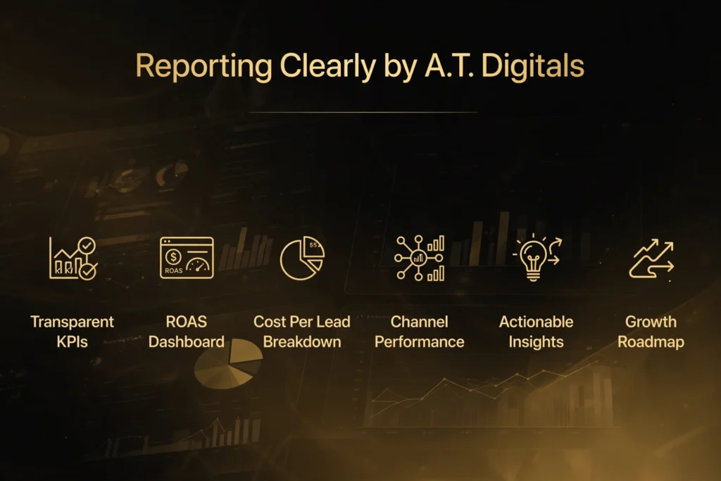 Golden and black gradient background with analytics dashboards and charts. Gold heading "Reporting Clearly by A.T. Digitals" Below, six pillars: "Transparent KPIs," "ROAS Dashboard," "Cost Per Lead Breakdown," "Channel Performance," "Actionable Insights", and "Growth Roadmap".