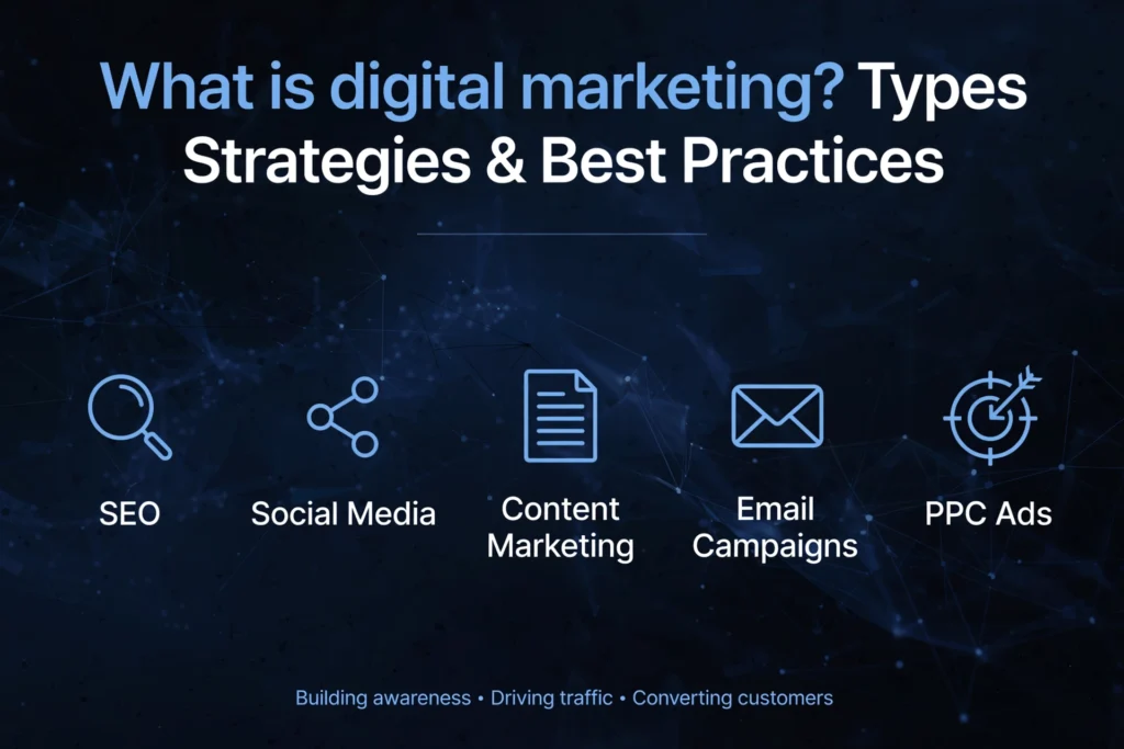 : Navy blue and black gradient background with subtle abstract network connections and laptop analytics graphic. White heading "What is digital marketing? Types Strategies & Best Practices" Below, five digital marketing types are spaced out: "SEO," "Social Media," "Content Marketing," "Email Campaigns," and "PPC Ads."