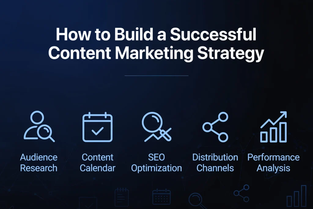 Navy blue and black gradient background with subtle content planning board graphic. White heading "How to Build a Successful Content Marketing Strategy" Below, five strategy steps are spaced out: "Audience Research," "Content Calendar," "SEO Optimization," "Distribution Channels," and "Performance Analysis."