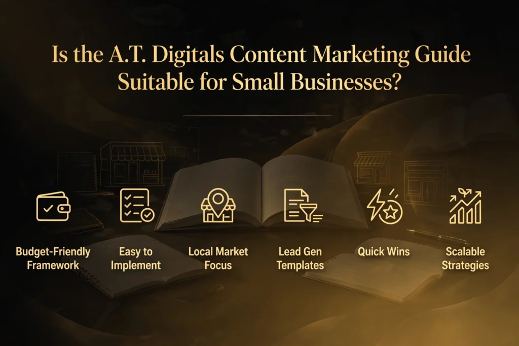 Golden and black gradient background with subtle shopfront, open guidebook, and growth icons graphic. Gold heading "Is the A.T. Digitals Content Marketing Guide Suitable for Small Businesses?" Below, six reasons are spaced out: "Budget-Friendly Framework," "Easy to Implement," "Local Market Focus," "Lead Gen Templates," "Quick Wins," and "Scalable Strategies."