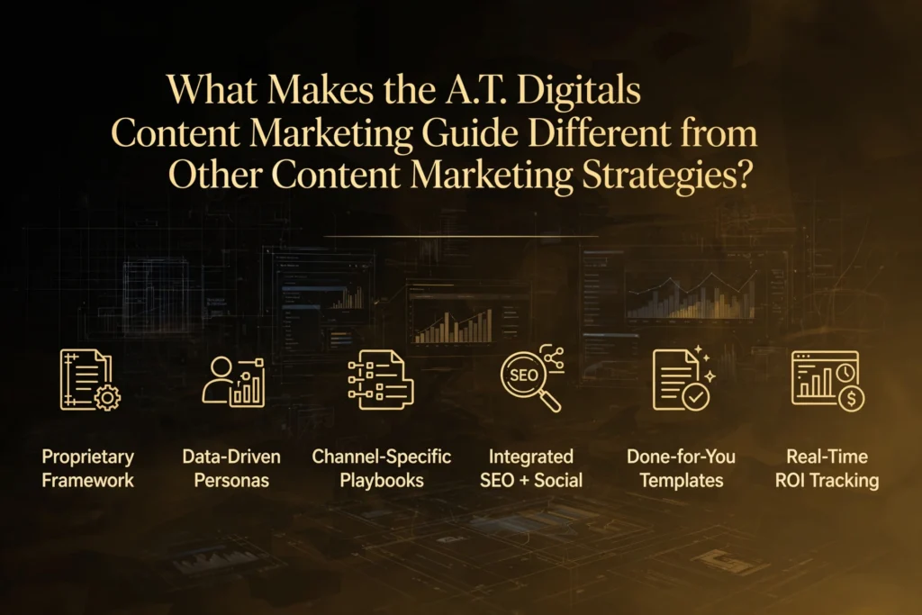 Golden and black gradient background with subtle strategy blueprint and digital dashboard graphic. Gold heading "What Makes the A.T. Digitals Content Marketing Guide Different from Other Content Marketing Strategies?" Below, six differentiators are spaced out: "Proprietary Framework," "Data-Driven Personas," "Channel-Specific Playbooks," "Integrated SEO + Social," "Done-for-You Templates," and "Real-Time ROI Tracking."