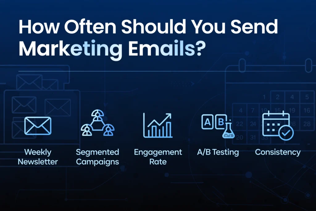 Navy blue and black gradient background with subtle email inbox and calendar graphic. White heading "How Often Should You Send Marketing Emails?" Below, five email marketing factors are spaced out: "Weekly Newsletter," "Segmented Campaigns," "Engagement Rate," "A/B Testing," and "Consistency."