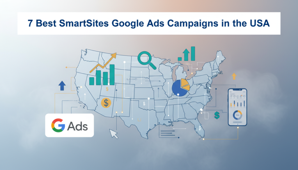 A digital illustration for the article "7 Best SmartSites Google Ads Campaigns in the USA" featuring the Google Ads logo, a stylized map of the USA, and marketing icons like charts, graphs, and click symbols. The heading is prominently displayed in a modern, professional style to represent digital marketing success in the United States.