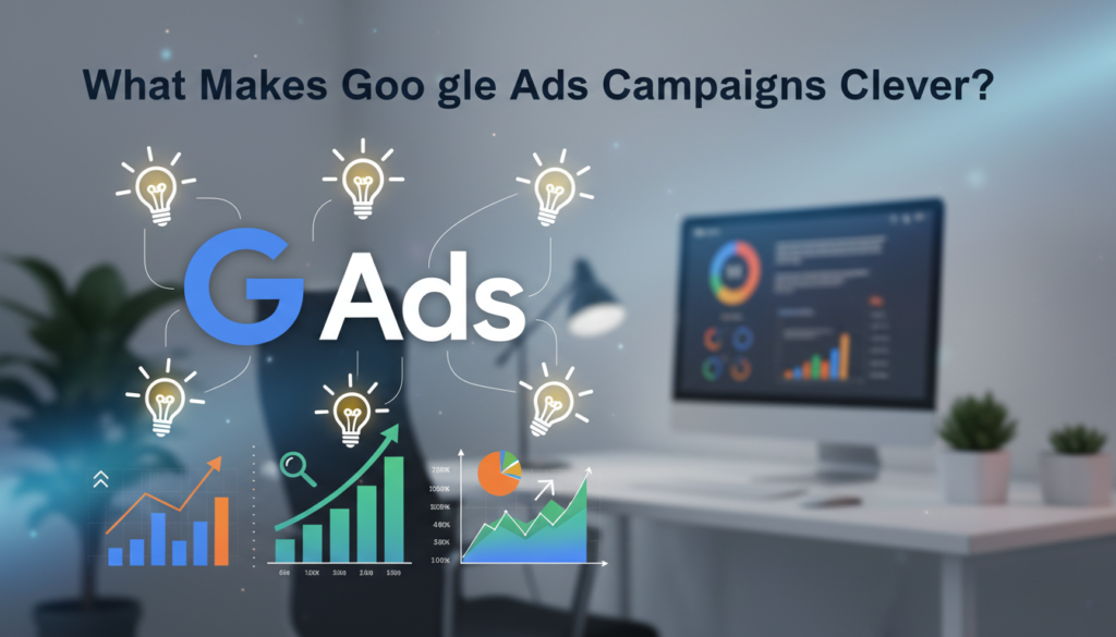 A digital illustration for the topic "What Makes Google Ads Campaigns Clever?" featuring the Google Ads logo, illuminated lightbulb icons representing smart ideas, marketing charts, and a modern office background. The heading is clearly displayed, highlighting creative and data-driven digital advertising strategies.