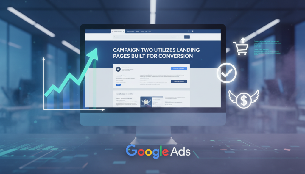 A professional digital illustration for "Campaign Two Utilizes Landing Pages Built for Conversion," showing a computer screen with a high-converting landing page, conversion icons like checkmarks and shopping carts, upward-trending charts, and the Google Ads logo. The heading is clearly displayed, emphasizing conversion-focused web design for marketing campaigns.

