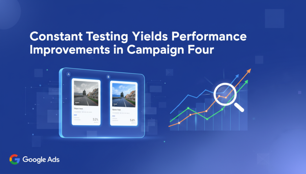 A professional digital illustration for "Constant Testing Yields Performance Improvements in Campaign Four," featuring split test screens (A/B), upward-trending performance charts, magnifying glass icons for analysis, and the Google Ads logo. The heading is prominently displayed, emphasizing data-driven optimization and continual campaign improvement.