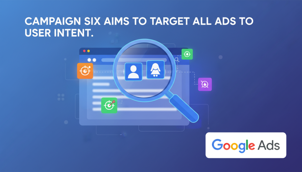 A professional digital illustration for "Campaign Six Aims to Target All Ads to User Intent," featuring a magnifying glass over digital search results, user icons, targeted advertisement graphics, and the Google Ads logo. The heading is clearly displayed, highlighting intent-driven, personalized advertising strategies.