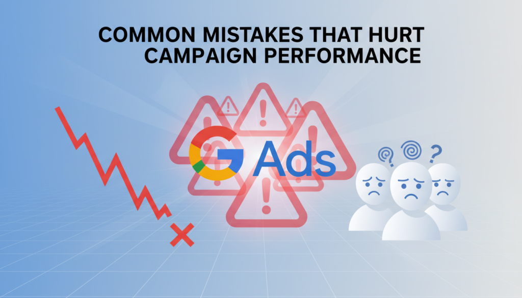 A professional digital illustration for "Common Mistakes That Hurt Campaign Performance," featuring warning signs, downward-trending charts, confused user icons, and the Google Ads logo. The heading is clearly displayed, highlighting frequent errors that negatively impact digital marketing results.