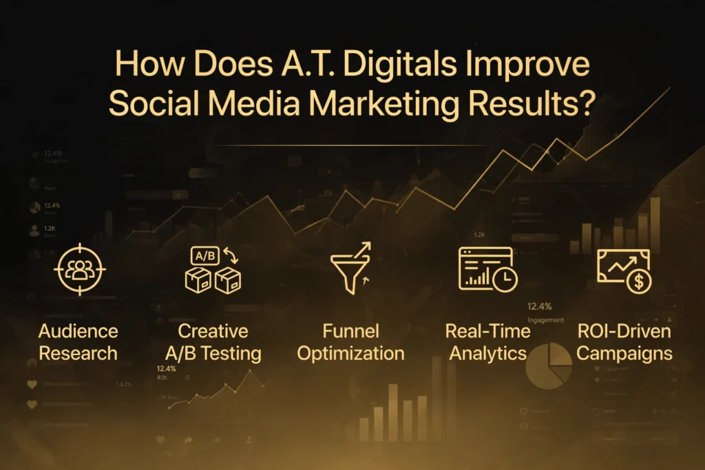 Golden and black gradient background with subtle growth charts and engagement dashboard graphic. Gold heading "How Does A.T. Digitals Improve Social Media Marketing Results?" Below, five pillars are spaced out: "Audience Research," "Creative A/B Testing," "Funnel Optimization," "Real-Time Analytics," and "ROI-Driven Campaigns."