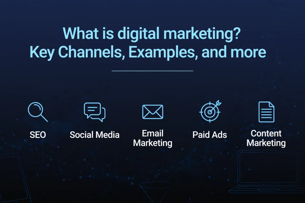 Navy blue and black gradient background with subtle network connections and marketing funnel graphic. White heading "What is digital marketing? Key Channels, Examples, and more" Below, five key channels are spaced out: "SEO," "Social Media," "Email Marketing," "Paid Ads," and "Content Marketing."