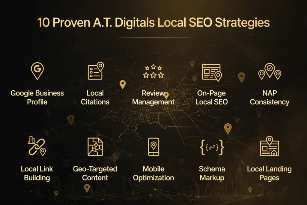 Golden and black gradient background with subtle map pins and local search grid graphic. Gold heading "10 Proven A.T. Digitals Local SEO Strategies" Below, ten strategies are spaced out: "Google Business Profile," "Local Citations," "Review Management," "On-Page Local SEO," "NAP Consistency," "Local Link Building," "Geo-Targeted Content," "Mobile Optimization," "Schema Markup," and "Local Landing Pages."