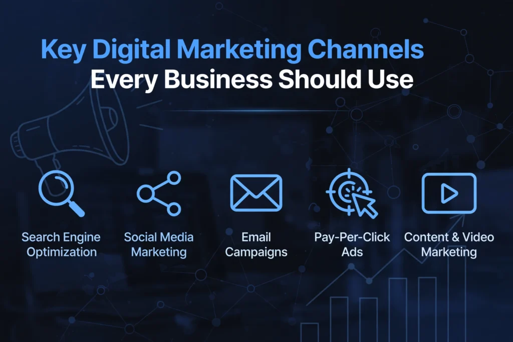  Navy blue and black gradient background with subtle megaphone and growth chart graphic. White heading "Key Digital Marketing Channels Every Business Should Use" Below, five channels are spaced out: "Search Engine Optimization," "Social Media Marketing," "Email Campaigns," "Pay-Per-Click Ads," and "Content & Video Marketing."
