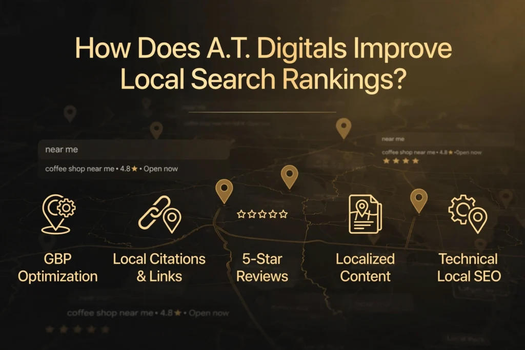 Golden and black gradient background with subtle map and local search ranking pins graphic. Gold heading "How Does A.T. Digitals Improve Local Search Rankings?" Below, five methods are spaced out: "GBP Optimization," "Local Citations & Links," "5-Star Reviews," "Localized Content," and "Technical Local SEO."