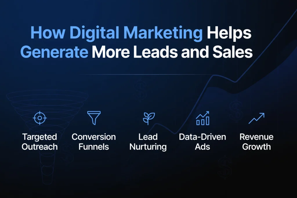  Navy blue and black gradient background with subtle sales funnel and upward graph graphic. White heading "How Digital Marketing Helps Generate More Leads and Sales" Below, five strategies are spaced out: "Targeted Outreach," "Conversion Funnels," "Lead Nurturing," "Data-Driven Ads," and "Revenue Growth."
