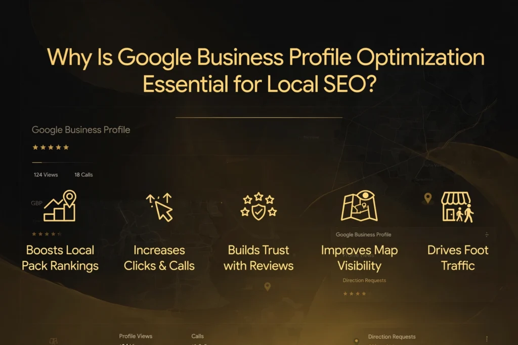 Golden and black gradient background with subtle Google Business Profile dashboard and 5-star review graphic. Gold heading "Why Is Google Business Profile Optimization Essential for Local SEO?" Below, five benefits are spaced out: "Boosts Local Pack Rankings," "Increases Clicks & Calls," "Builds Trust with Reviews," "Improves Map Visibility," and "Drives Foot Traffic."