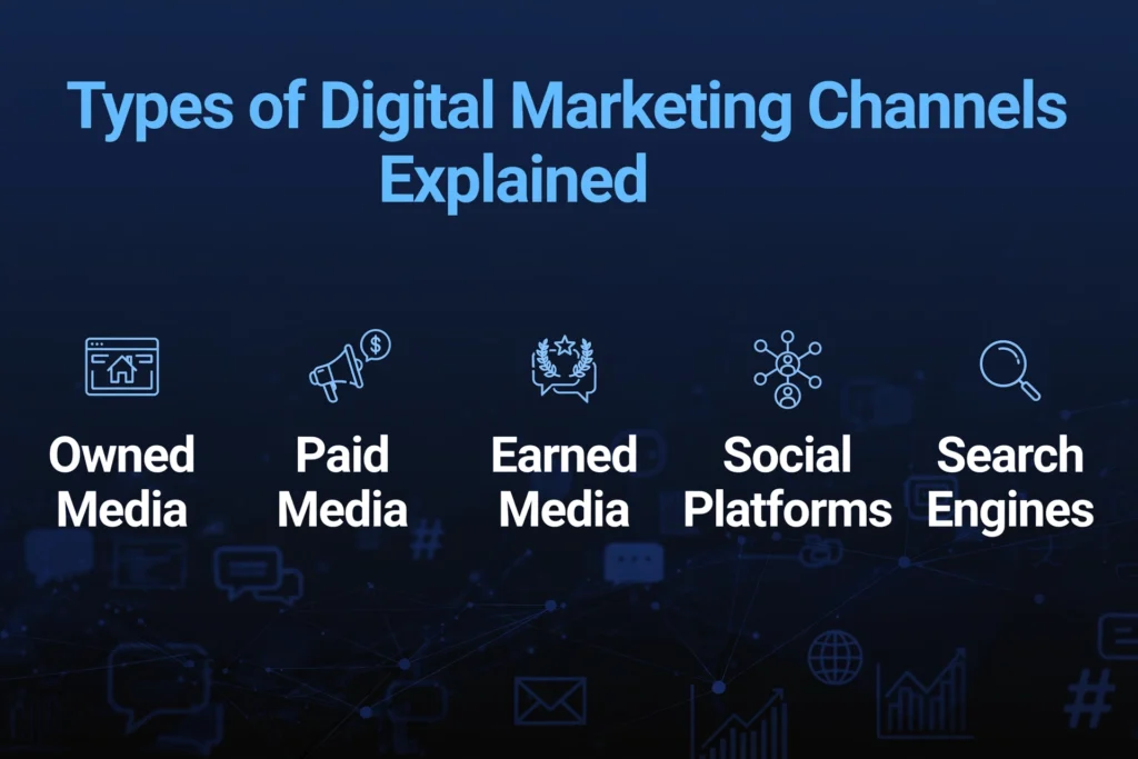  Navy blue and black gradient background with subtle megaphone and channel icons graphic. White heading "Types of Digital Marketing Channels Explained" Below, five channel types are spaced out: "Owned Media," "Paid Media," "Earned Media," "Social Platforms," and "Search Engines."