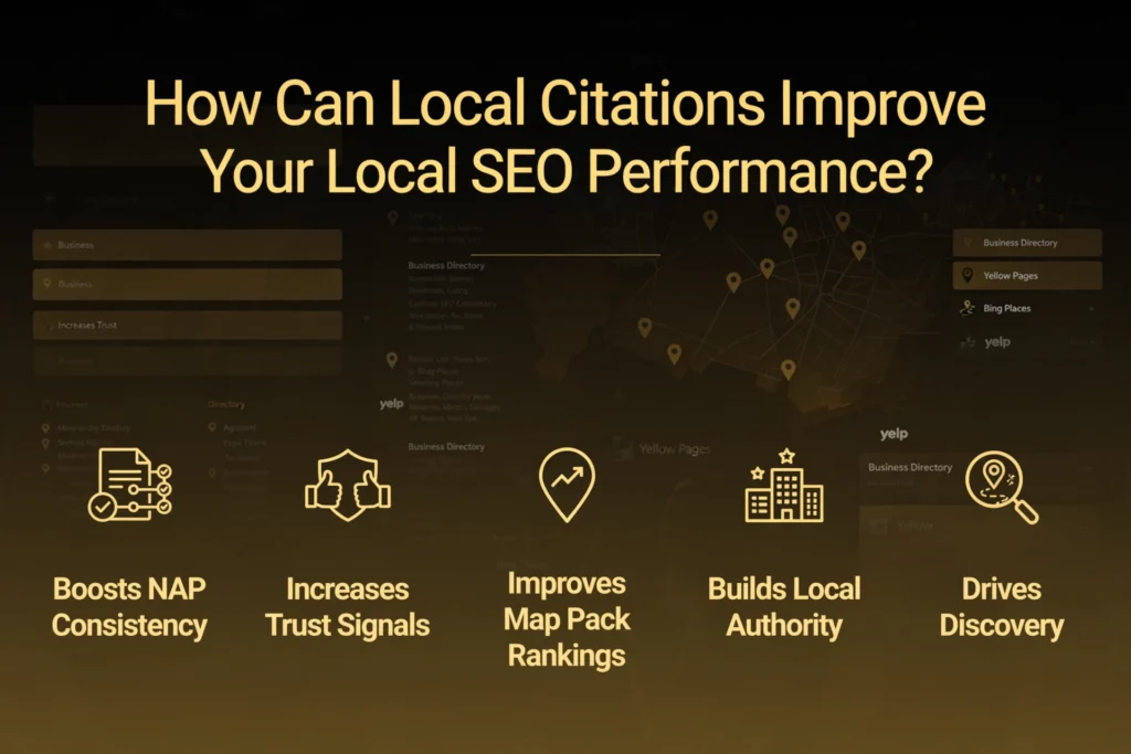 Golden and black gradient background with subtle online directory listings and map pins graphic. Gold heading "How Can Local Citations Improve Your Local SEO Performance?" Below, five benefits are spaced out: "Boosts NAP Consistency," "Increases Trust Signals," "Improves Map Pack Rankings," "Builds Local Authority," and "Drives Discovery."