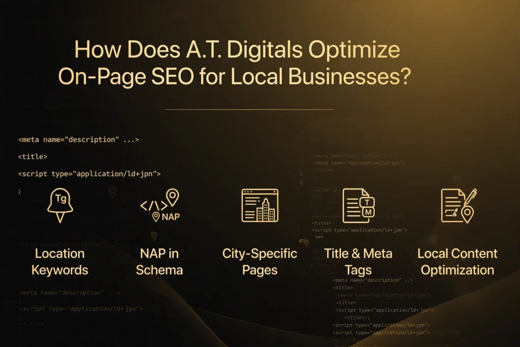 Golden and black gradient background with subtle checklist and handshake over map graphic. Gold heading "How Can You Get Started with A.T. Digitals' Local SEO Strategies?" Below, five steps are spaced out: "Free Local SEO Audit," "GBP Setup & Optimization," "Local Keyword Research," "Citation Building Plan," and "Monthly Reporting."