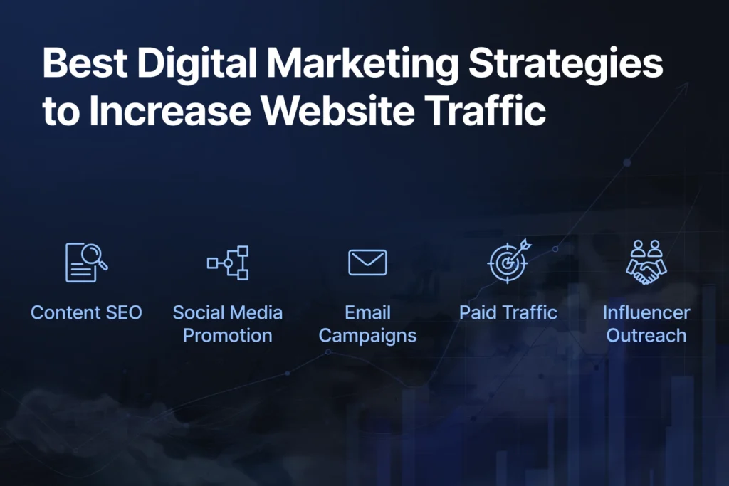 Navy blue and black gradient background with subtle upward traffic chart and analytics dashboard graphic. White heading "Best Digital Marketing Strategies to Increase Website Traffic" Below, five strategies are spaced out: "Content SEO," "Social Media Promotion," "Email Campaigns," "Paid Traffic," and "Influencer Outreach."