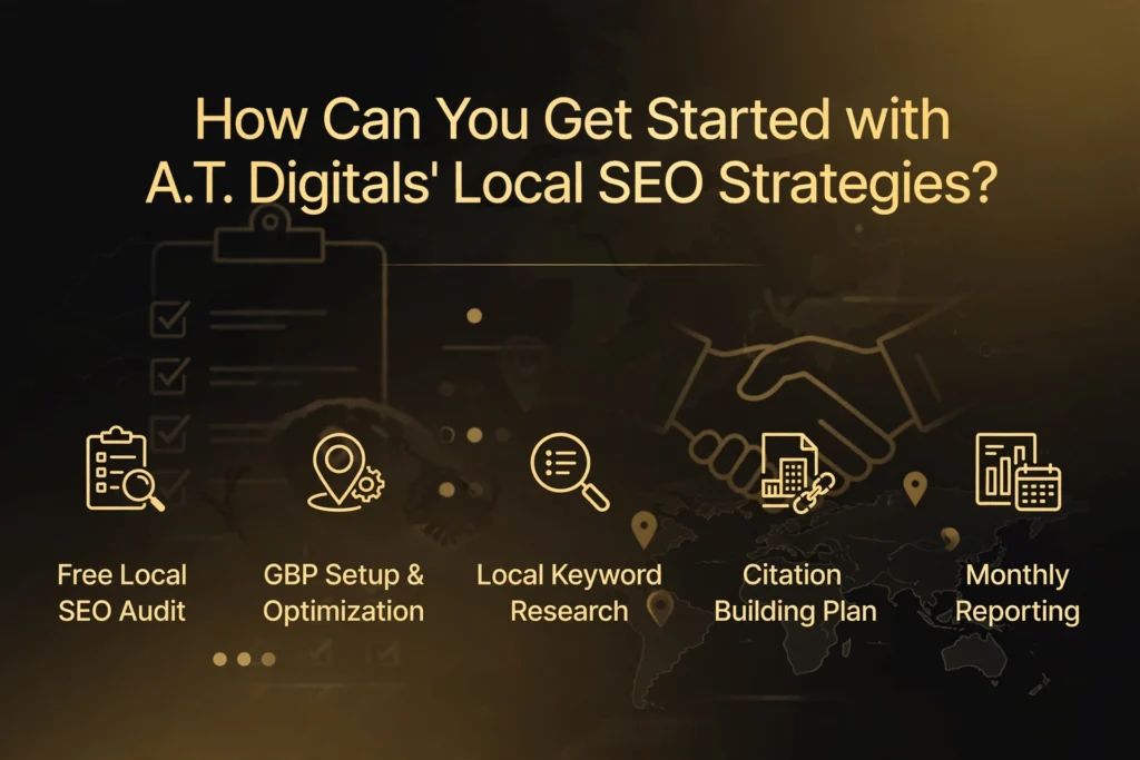 Golden and black gradient background with subtle checklist and handshake over map graphic. Gold heading "How Can You Get Started with A.T. Digitals' Local SEO Strategies?" Below, five steps are spaced out: "Free Local SEO Audit," "GBP Setup & Optimization," "Local Keyword Research," "Citation Building Plan," and "Monthly Reporting."