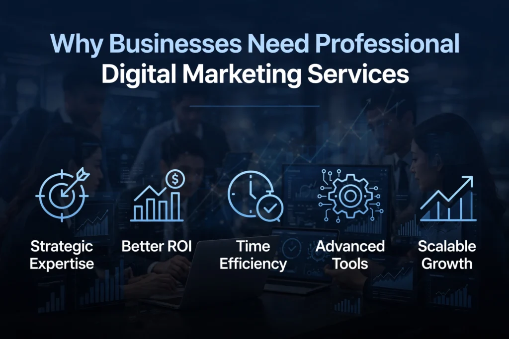  Navy blue and black gradient background with subtle digital dashboard and team collaboration graphic. White heading "Why Businesses Need Professional Digital Marketing Services" Below, five reasons are spaced out: "Strategic Expertise," "Better ROI," "Time Efficiency," "Advanced Tools," and "Scalable Growth."