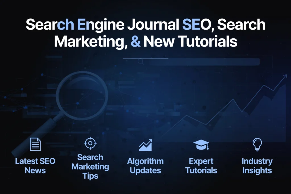  Navy blue and black gradient background with subtle magnifying glass and search ranking graph graphic. White heading "Search Engine Journal SEO, Search Marketing, & New Tutorials" Below, five focus areas are spaced out: "Latest SEO News," "Search Marketing Tips," "Algorithm Updates," "Expert Tutorials," and "Industry Insights."