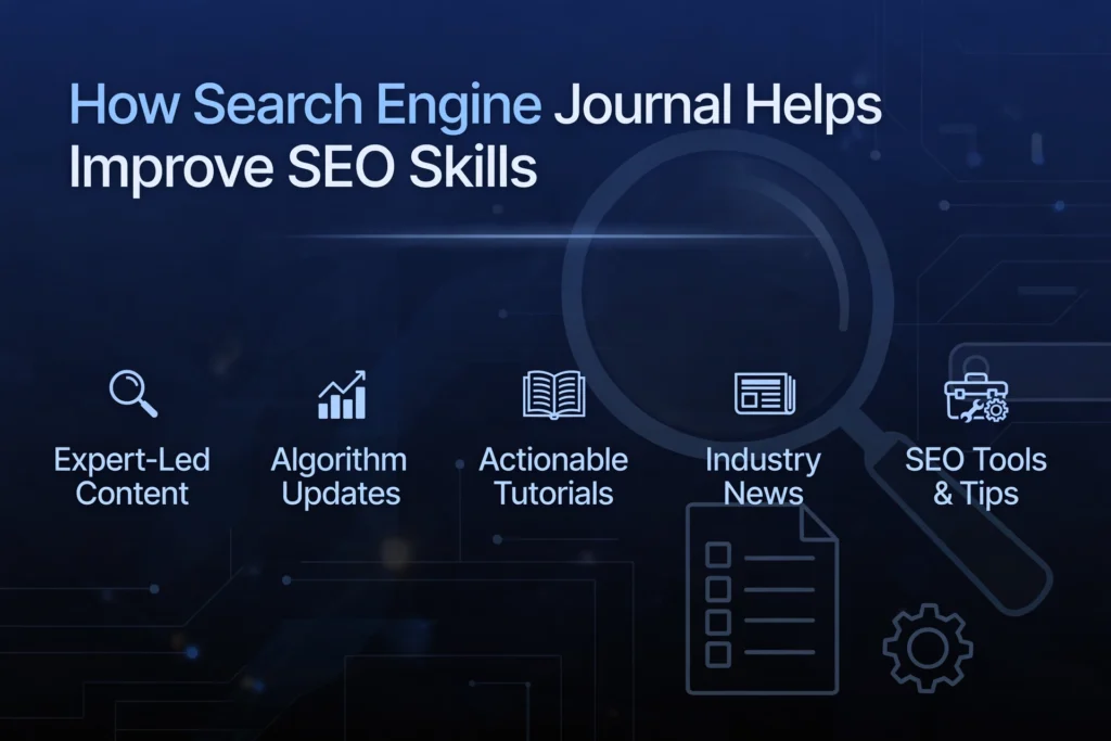 Navy blue and black gradient background with subtle magnifying glass and SEO ranking chart graphic. White heading "How Search Engine Journal Helps Improve SEO Skills" Below, five ways are spaced out: "Expert-Led Content," "Algorithm Updates," "Actionable Tutorials," "Industry News," and "SEO Tools & Tips."