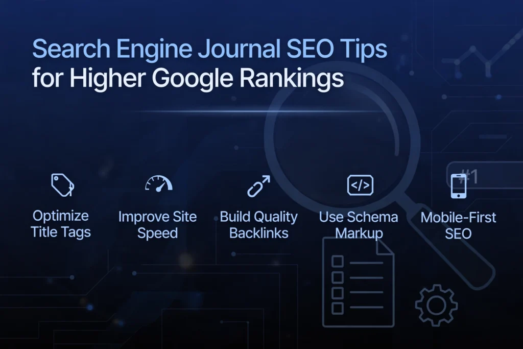  Navy blue and black gradient background with subtle Google search bar and upward ranking chart graphic. White heading "Search Engine Journal SEO Tips for Higher Google Rankings" Below, five tips are spaced out: "Optimize Title Tags," "Improve Site Speed," "Build Quality Backlinks," "Use Schema Markup," and "Mobile-First SEO."