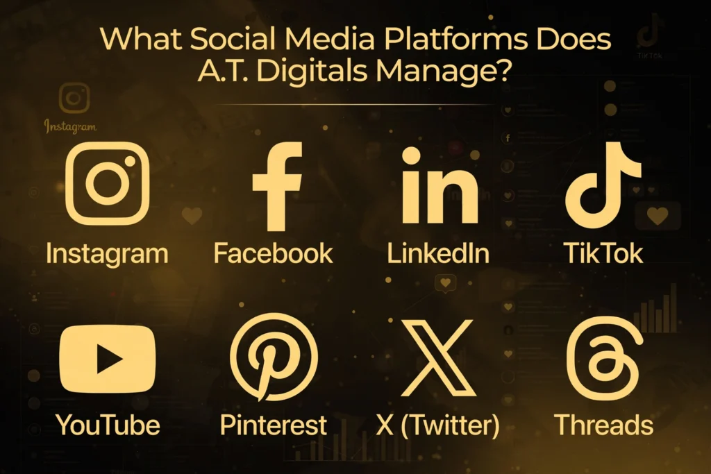 Golden and black gradient background with subtle social media app icons and engagement grid graphic. Gold heading "What Social Media Platforms Does A.T. Digitals Manage?" Below, eight platforms are spaced out: "Instagram," "Facebook," "LinkedIn," "TikTok," "YouTube," "Pinterest," "X (Twitter)," and "Threads."