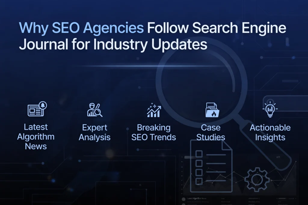  Navy blue and black gradient background with subtle news feed and algorithm update chart graphic. White heading "Why SEO Agencies Follow Search Engine Journal for Industry Updates" Below, five reasons are spaced out: "Latest Algorithm News," "Expert Analysis," "Breaking SEO Trends," "Case Studies," and "Actionable Insights."