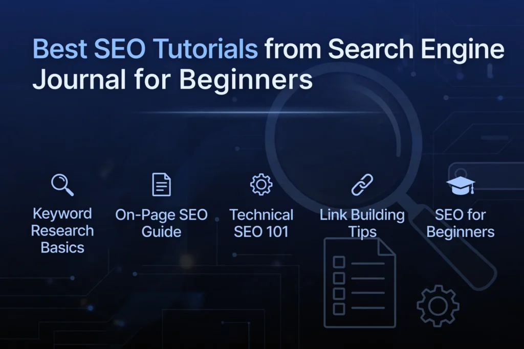 Navy blue and black gradient background with subtle magnifying glass and search results graphic. White heading "Best SEO Tutorials from Search Engine Journal for Beginners" Below, five tutorials are spaced out: "Keyword Research Basics," "On-Page SEO Guide," "Technical SEO 101," "Link Building Tips," and "SEO for Beginners."