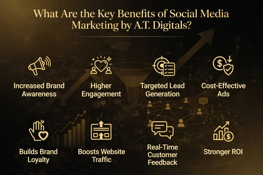 Golden and black gradient background with subtle engagement graphs and social community graphic. Gold heading "What Are the Key Benefits of Social Media Marketing by A.T. Digitals?" Below, eight benefits are spaced out: "Increased Brand Awareness," "Higher Engagement," "Targeted Lead Generation," "Cost-Effective Ads," "Builds Brand Loyalty," "Boosts Website Traffic," "Real-Time Customer Feedback," and "Stronger ROI."