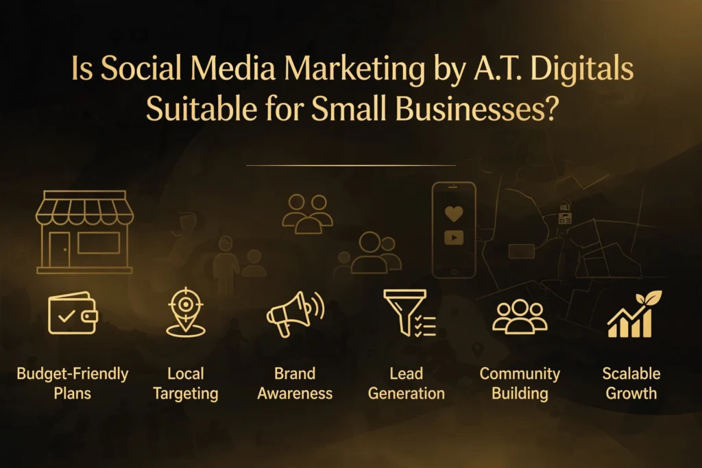 Golden and black gradient background with subtle shopfront and mobile phone with social icons graphic. Gold heading "Is Social Media Marketing by A.T. Digitals Suitable for Small Businesses?" Below, six reasons are spaced out: "Budget-Friendly Plans," "Local Targeting," "Brand Awareness," "Lead Generation," "Community Building," and "Scalable Growth."