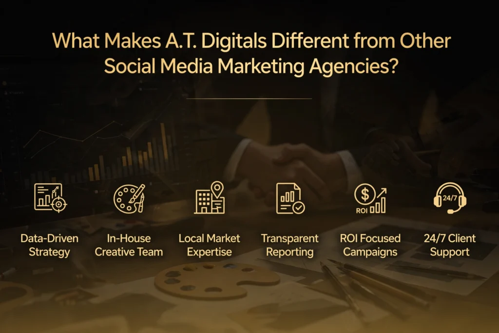 Golden and black gradient background with subtle analytics dashboard and handshake graphic. Gold heading "What Makes A.T. Digitals Different from Other Social Media Marketing Agencies?" Below, six differentiators are spaced out: "Data-Driven Strategy," "In-House Creative Team," "Local Market Expertise," "Transparent Reporting," "ROI Focused Campaigns," and "24/7 Client Support."