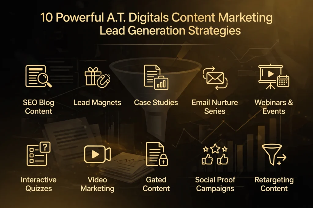 Golden and black gradient background with subtle marketing funnel and growth chart graphic. Gold heading "10 Powerful A.T. Digitals Content Marketing Lead Generation Strategies" Below, ten strategies are spaced out: "SEO Blog Content," "Lead Magnets," "Case Studies," "Email Nurture Series," "Webinars & Events," "Interactive Quizzes," "Video Marketing," "Gated Content," "Social Proof Campaigns," and "Retargeting Content."