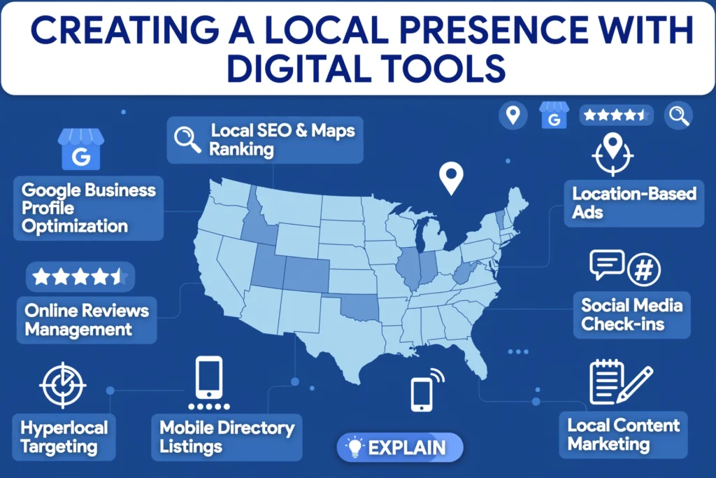 A corporate blue infographic with a USA map titled "CREATING A LOCAL PRESENCE WITH DIGITAL TOOLS". Icons for location pin, Google Business Profile, star ratings, and mobile phone surround the map. "EXPLAIN" label at the bottom. 8 bullet points include Google Business Profile Optimization, Local SEO & Maps Ranking, Online Reviews Management, Location-Based Ads, Social Media Check-ins, Local Content Marketing, Mobile Directory Listings, and Hyperlocal Targeting.