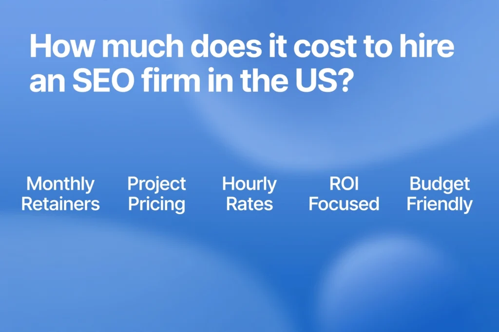 Blue gradient background with white heading "SEO Companies in America That Specialize by Industry." Below, five industry terms are spaced out: "Healthcare SEO," "Legal SEO," "E-commerce SEO," "SaaS SEO," and "Local SEO."