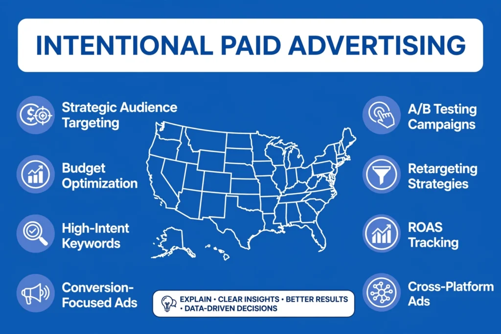 A corporate blue infographic with a USA map in the center titled "INTENTIONAL PAID ADVERTISING". Eight boxes around the map list Strategic Audience Targeting, Budget Optimization, High-Intent Keywords, Conversion-Focused Ads, A/B Testing Campaigns, Retargeting Strategies, ROAS Tracking, and Cross-Platform Ads. Icons for target, funnel, and click cursor are used with an "EXPLAIN" label at the bottom.