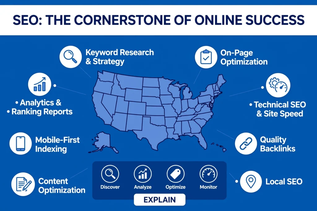 A corporate blue infographic with a USA map in the center titled "SEO: THE CORNERSTONE OF ONLINE SUCCESS". Surrounding the map are 8 key SEO points: Keyword Research & Strategy, On-Page Optimization, Technical SEO & Site Speed, Quality Backlinks, Local SEO, Content Optimization, Mobile-First Indexing, and Analytics & Ranking Reports. Icons for magnifying glass, speed meter, and link are used with an "EXPLAIN" label at the bottom.