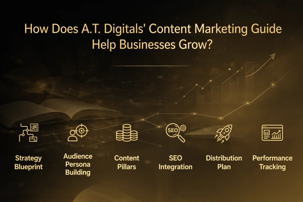Golden and black gradient background with subtle open book, roadmap, and growth chart graphic. Gold heading "How Does A.T. Digitals' Content Marketing Guide Help Businesses Grow?" Below, six elements are spaced out: "Strategy Blueprint," "Audience Persona Building," "Content Pillars," "SEO Integration," "Distribution Plan," and "Performance Tracking."