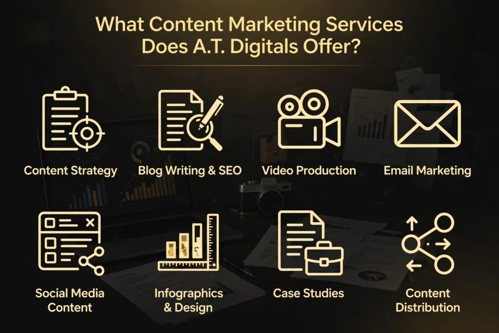 Golden and black gradient background with subtle laptop, camera, and content documents graphic. Gold heading "What Content Marketing Services Does A.T. Digitals Offer?" Below, eight services are spaced out: "Content Strategy," "Blog Writing & SEO," "Video Production," "Email Marketing," "Social Media Content," "Infographics & Design," "Case Studies," and "Content Distribution."
