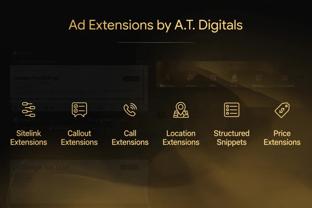 Golden and black gradient background with Google Ads SERP preview. Gold heading "Ad Extensions by A.T. Digitals" Below, six pillars: "Sitelink Extensions," "Callout Extensions," "Call Extensions," "Location Extensions," "Structured Snippets", and "Price Extensions".