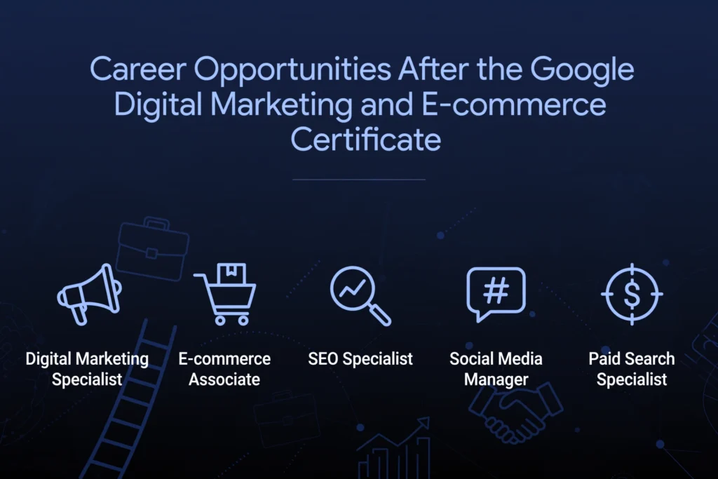 Navy blue and black gradient background with subtle career ladder and briefcase graphic. White heading "Career Opportunities After the Google Digital Marketing and E-commerce Certificate" Below, five career roles are spaced out: "Digital Marketing Specialist," "E-commerce Associate," "SEO Specialist," "Social Media Manager," and "Paid Search Specialist."