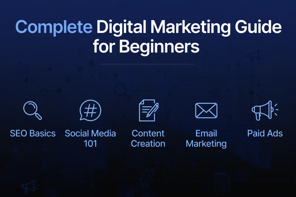 Navy blue and black gradient background with subtle step-by-step learning path graphic. White heading "Complete Digital Marketing Guide for Beginners" Below, five beginner topics are spaced out: "SEO Basics," "Social Media 101," "Content Creation," "Email Marketing," and "Paid Ads."
