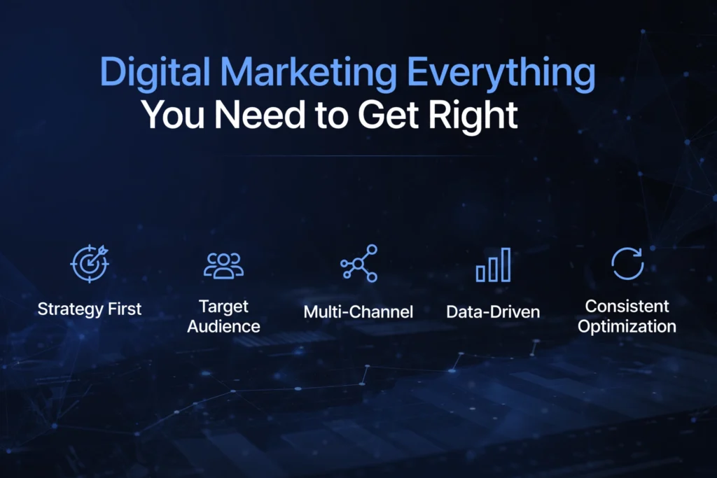 Navy blue and black gradient background with subtle marketing funnel and analytics graphic. White heading "Digital Marketing Everything You Need to Get Right" Below, five key principles are spaced out: "Strategy First," "Target Audience," "Multi-Channel," "Data-Driven," and "Consistent Optimization."