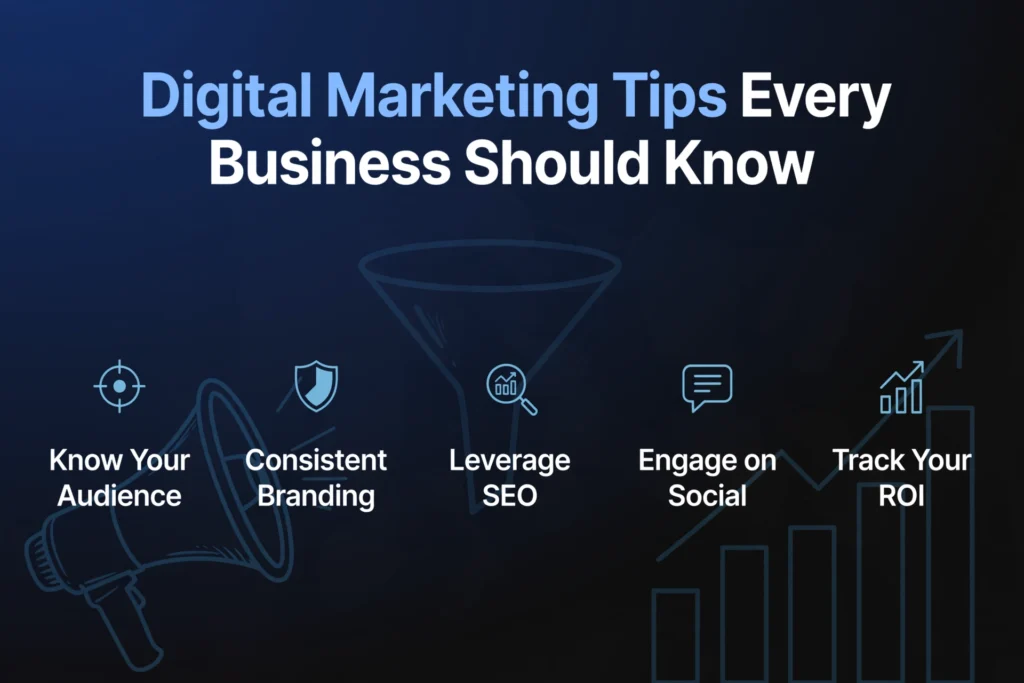 Navy blue and black gradient background with subtle megaphone and analytics chart graphic. White heading "Digital Marketing Tips Every Business Should Know" Below, five key tips are spaced out: "Know Your Audience," "Consistent Branding," "Leverage SEO," "Engage on Social," and "Track Your ROI."