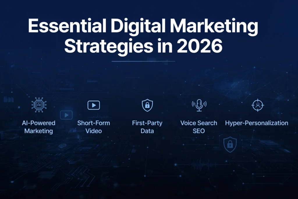 Navy blue and black gradient background with subtle AI circuits and futuristic marketing dashboard graphic. White heading "Essential Digital Marketing Strategies in 2026" Below, five 2026 strategy trends are spaced out: "AI-Powered Marketing," "Short-Form Video," "First-Party Data," "Voice Search SEO," and "Hyper-Personalization."