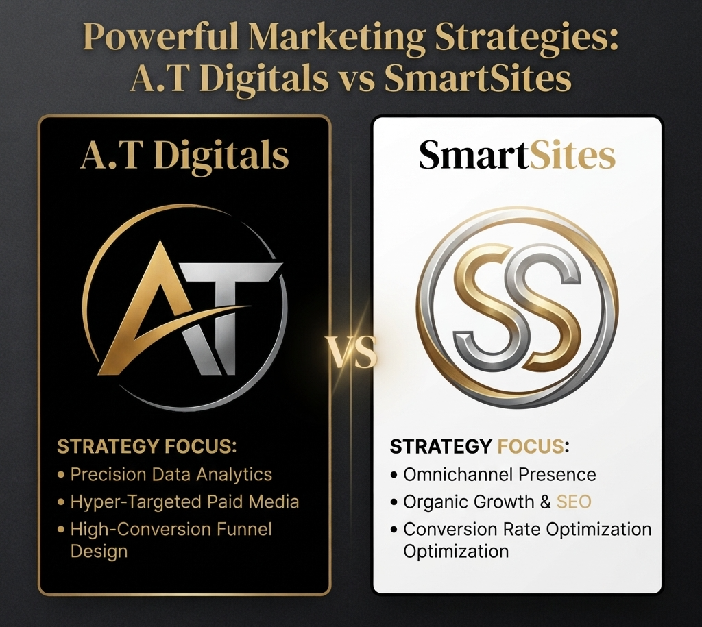 A comparison infographic titled "Powerful Marketing Strategies: A.T Digitals vs SmartSites" features two side-by-side columns. The left column, labeled "A.T Digitals," has a black background with gold and silver text and lists its strategy focus as Precision Data Analytics, Hyper-Targeted Paid Media, and High-Conversion Funnel Design. The right column, labeled "SmartSites," has a white background with gold and black text and lists its strategy focus as Omnichannel Presence, Organic Growth & SEO, and Conversion Rate Optimization. A central "vs" separates the columns, and a tagline at the bottom reads "Your Partners in Powerful Digital Growth."