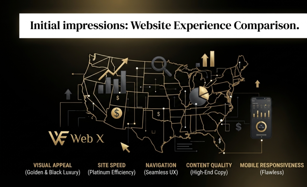 Infographic titled "Initial impressions: Website Experience Comparison" featuring a dark background and a gold-outlined map of the USA. Data visualizations, including bar charts, a magnifying glass, a pie chart, and a smartphone displaying a dashboard, are connected by gold lines across the map. Below the map, five categories are listed with gold text: Visual Appeal, Site Speed, Navigation, Content Quality, and Mobile Responsiveness.